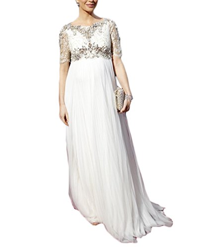Ri Yun Women's Maternity A-Line Beaded Lace Prom Dresses White Tulle Maxi Evening Dresses For Pregnant Women