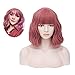 Iciwueen Short Wavy Wigs for Women, Rose Pink Bob Wig with Bangs Natural Looking Heat Resistant Premium Synthetic Wigs for Girls Lady Cosplay Party Daily Wear