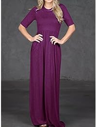 imysty Casual para Mujer Swing Maxi vestido Cuello redondo suelto Plain vestidos largos con bolsillos
