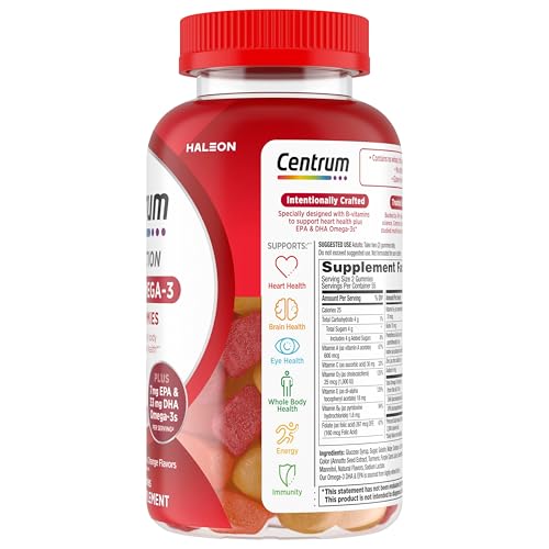 CENTRUM MULTIGUMMIES MULTI+ OMEGA 3 DUAL ACTION, ADULT MULTIVITAMIN, MULTIVITAMIN/MULTIMINERAL/OMEGA 3 SUPPLEMENT, STRAWBERRY/LEMON/ORANGE FLAVORS – 110 COUNT