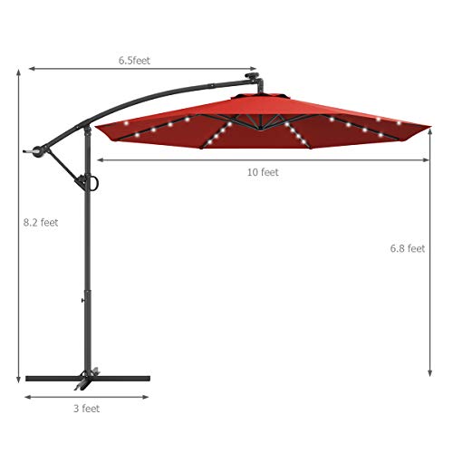Tangkula 10 FT Patio Offset Umbrella with 360 Degree Rotation, Solar Powered LED Umbrella with