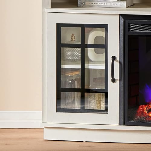 Jocisland Curved Fireplace TV Stand with 26'' Electric Fireplace, Media Entertainment Center Farmhouse Glass Door Storage Cabinet, Open Shelve Console Table for TVs up to 65'', Distressed White