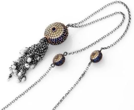 Sterling Silver 925 Blue Evil Eye Hamsa Persian Lucky Tassel Chain Necklace
