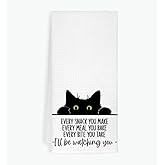 EXUQO Funny Cat Kitchen Towels - Black Cats Hand & Dish Towel Set, Housewarming Gift (White)