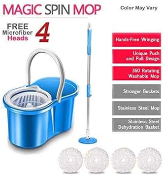 Trade Vast Mop with 360 Degree Spin Bucket Steel 4 Heads Microfibe Rotating Head (Multicolored)