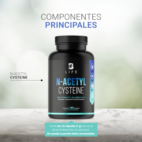 NAC N Acetil Cisteína de 180 Cápsulas 500 mg. Ingredientes naturales. N-Acetyl Cysteine B Life
