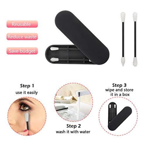 Lionvison 2 Boxes Reusable Cotton Swab, Portable Soft Double Sided Ear Cleaning Silicone Swabs Makeup, Eco Friendly Safe Washable Travel Cosmetic Makeup Cotton Buds with Case