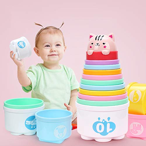 Alagoo Stacking Cups Baby Building Set, Nesting Cups Embossed Animal, Numbers, Colors Stacking and Sorting Nesting Toys for Kids Bathtub, Beach, Water Toy(11 Pcs)
