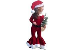 Hipea Merry Christmas Outfit Toddler Baby Girls Santa Claus Costume Long Sleeve Bell Bottom Pant Christmas Hat Clothes Set