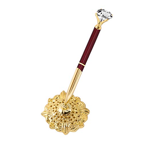 RUTICH Hollow Round Pen Holder Signing Pen Set with Big Diamond Crystal Pen for Wedding Bridal Opening Ceremony Graduation Office, Golden Holder with Burgundy Pen(Black Ink)