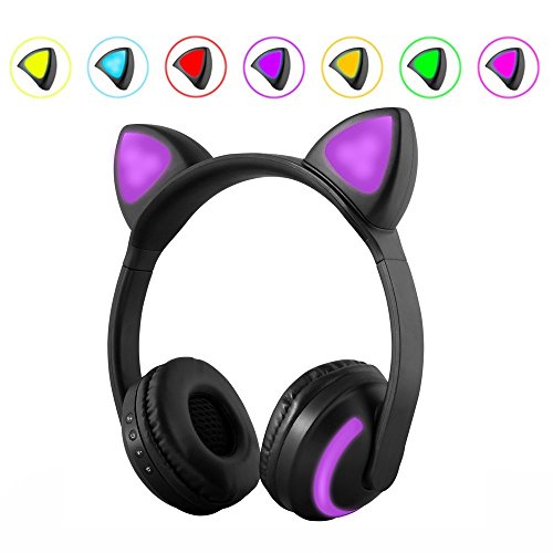 JFtown Wireless Bluetooth LED Cat Ear Headphones for Girls, 7-color Color Changing Glowing Over Cosplay Cat Ears Gaming Headsets with Microphone for Smartphones PC Tablet