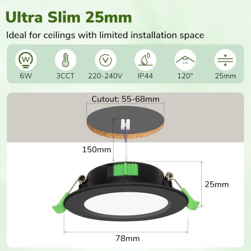 Laiebri Pack of 4 Recessed LED Spotlights Extra Flat 25 mm, 6 W, Dimmable 3 Intensities without Dimmer, 2700K 4000K 6000K, IP44 Portholes LED Ceiling, Cut Ø58-68 mm 230V, Black