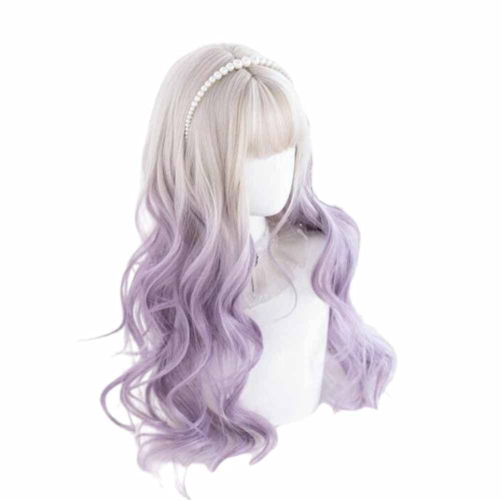 Photo 1 of osseoca Gray Gradient Purple Long Curly Japanese Synthetic Hair Cute Anime Halloween Carnival Comic Exhibition Cosplay Hair Natural COS Ombre Wigs with Bangs