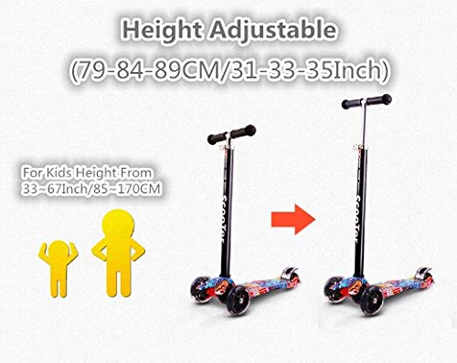 Jipemtra Scooters for Kids 3 Wheel T-bar Adjustable, Riding Kick Scooters for Kids Height Adjustable LED PU Flashing Foldable with Gorgeous Graffiti for Kids (Colorful)