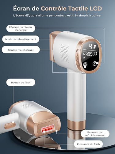 Pulsed Light Epilator with Cooling Function, Painless Laser Hair Removal with 9 Energy Levels for Women and Men, Face, Armpits, Bikini, Legs, Body, White