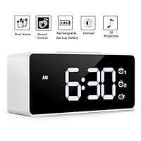 Digital Alarm Clock,Sound Control,Easy to Use,Dual Alarms,12/24 H,Snooze,25 Alarm Ringtones,Adjustable Volume&Brightness Dimmer,Rechargeable Backup Battery,Alarm Clock for Bedrooms,Bedside,Kids(White)