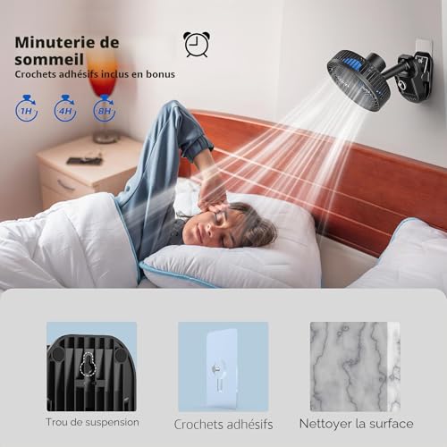 ATEngeus USB Clip Fan, 10000 mAh Rechargeable Battery Fan, 5 Speeds Camping Fan, Multi-Angle Rotation, Timer with Clip and Hook for Baby Stroller, Office