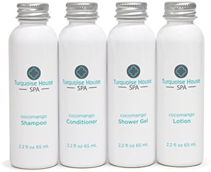 Turquoise House Spa Cocomango Travel Convenience Bottles With 2.2oz Shampoo, Conditioner, Body Wash, and Lotion