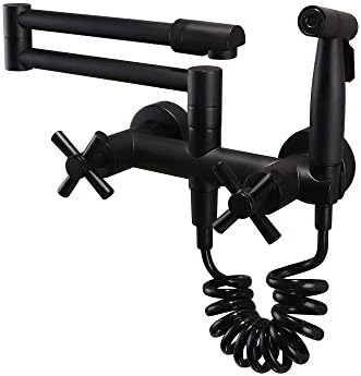 Hongala Foldable Wall-Mount Retractable Pot Filler Matte Black Kitchen Faucet Double Handles Pot Filler Hot&Cold with Side Sprayer (Black)