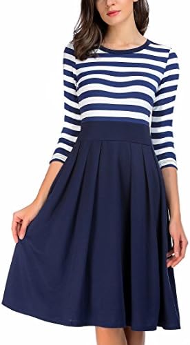 AAMILIFE Women's Stripe Scoop Neck 3/4 Sleeve Casual Swing Dress Navyblue XXL