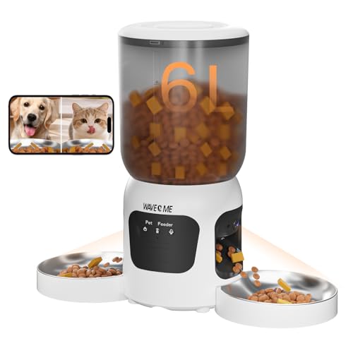 Dual-Lens Automatic Cat Feeder with Camera for 2 Cats, 6L1080P HD Video Pet Food Dispenser with Dual Bowls, AI Motion Detection & 2-Way Audio, App Control Timed Feeder for Multi-Cat Household