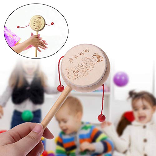 Junlinto Wood Cartoon Chinese Traditional Spinning Rattle Drum Hand Bell Baby Musical Toy - Thumbnail 4