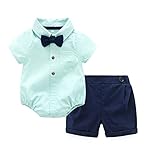 Tem Doger Baby Boys Casual Suit Cotton Short Sleeve Striped Button Down Bowtie Shirt Short Pant Clothes Set Outfit (90/12-18 Months)