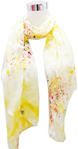 Chiffon/Satin Blend Floral Print on Yellow - Silk Long Scarf 20"x 66"