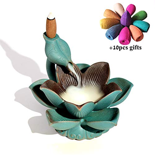 THE NEON LIGHT LED Lotus Incense Burner Backflow Incense Holder Aroma Smoke Waterfall Fountain Censer Home Decor + 10pcs Incense Cones