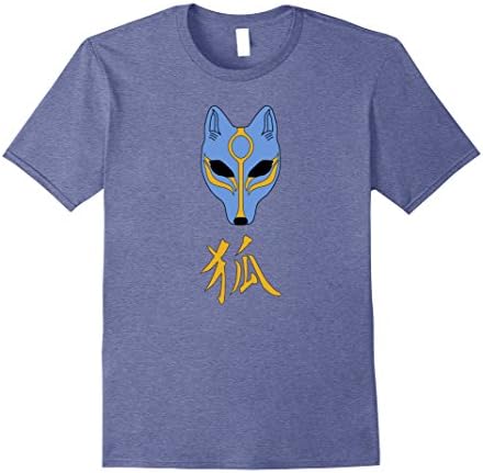 Mens Kitsune Japanese Fox Spirit Mask Kanji Calligraphy T-Shirt Medium Heather Blue