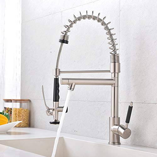 Ufaucet Commercial High Arc Heavy Spiral Spring Stainless Steel Brushed Nickel Single Handle Pre Rinse Pull Out Kitchen Faucet,Pull Down Kitchen Sink Faucet with Sprayer