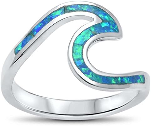 Wave Ocean Beach Lab Created Blue Opal .925 Sterling Silver Ring Sizes 4-10