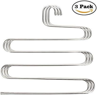 COMINGFIT S-shape Multi-Purpose Stainless Steel Magic 5 Layer Pants Hangers Closet Hangers Space Saver Storage Rack for Hanging Jeans Scarf Tie (3 Pack)