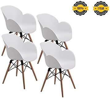 OTTITI FLOWER Dining Chairs, Eames-Style modern Mid Century Molded Style Dining Room Chairs, Wood Legs Lounge Arm Chairs, Set of 4 (White-4P)