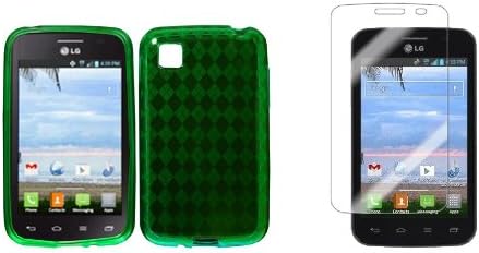 LG Optimus Dynamic 2 / L39C - Neon Green Flexible Argyle Pattern TPU Silicone Gel Cover Case + ATOM LED Keychain Light + Screen Protector