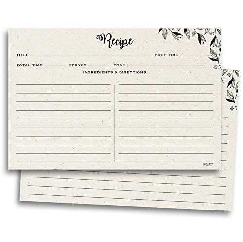 Spacious Recipe Cards - 50 count, 4x6" Double Sided. Thick Card Stock. Perfect for Recipe Box & Recipe Binder. Minimal Floral Kraft-Like Design