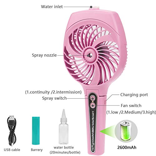 Handheld Misting Fan,Strong wind and Cooling Fan, Mini Portable Humidifier fan fold able, USB powered /2600mA high-power battery, multi-functional design for outdoor & watch ball games &Travel etc.