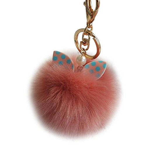 âœ¿Nation Faux Rabbit Fur Ball Keychain Bag Plush Car Key Ring Car Key Pendant (Watermelon Red)