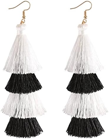 HSWE Tassel Earrings Hula Skirt Thread Tassel Eardrop Tiered Dangle Earrings Black and White