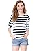 Allegra K Women's Elbow Sleeves Top Round Neck Slim Fit Tee Casual Printed T-Shirt X-Large White Dark Blue