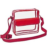 Clear Cross-Body Messenger Shoulder Bag w Adjustable Strap, NFL Stadium Approved Transparent Purse (Red)
