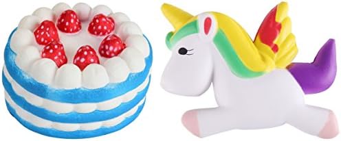 BIGOCT Squishy Slow Rising Squeeze Toy 2 Pack including Strawberry Cake and Unicorn