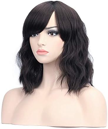 DAOTS 14’’ Short Bob Curly Black Wigs With Bangs for Women Synthetic Hair Wig for Girls Natural Heat Resistant Wig (Black)