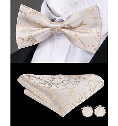 Dubulle Beige Floral Bowtie Cream Color Bowties for men with Handkerchief Pretied Silk Bow Tie Set - Thumbnail 5