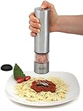 Eparé Salt or Pepper Grinder, Adjustable Ceramic Mill for Pink Himalayan Sea Salts & Black Peppercorns – Battery Powered Steel Electric Spice Shaker – LED Light