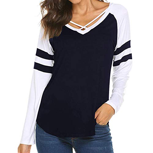 Mayunn Women's Sexy Long Sleeve V Neck Shirts Patchwork Cross Undershirts T-Shirt Blouse Tops