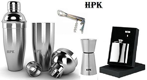 Bar Accessories-Cocktail Shaker peg Measure Double Sided Glass 2in1 Opener Hip Flask with Funnel hpk Branded Box Packed