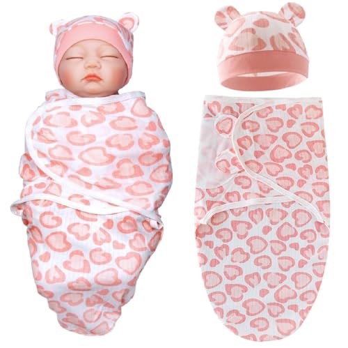 Reborn Baby Dolls Clothes Outfit Accessories Pink Heart Swaddle Blanket & Hat 2 Pcs Set for 17-22 Inch Reborn Doll Newborn Girl&Boy