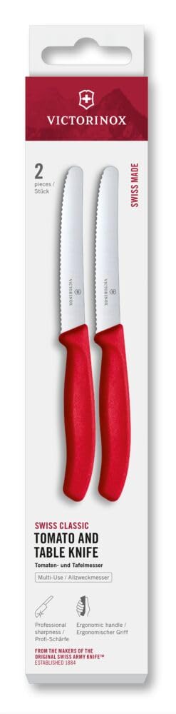 Victorinox Swiss Classic, Frühstücksmesser, Brötchenmesser Set 2teilig, Scharfe Klinge, Wellenschliff, 11 cm, Rostfreier Stahl, Rot 2