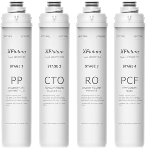 RO100ROPOT Series 4-Pack Replacement Filter Cartridge Set Compatible with Bluevua RO100ROPOT, RO100ROPOTUV Series Water Filter, Pack of 4 Filters (1*PP, 1*CTO, 1*RO, 1*PCF)